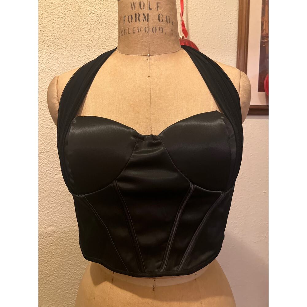 Sweatyrocks Satin and Chiffon Tie Halter Crop Top Black NWT Size L